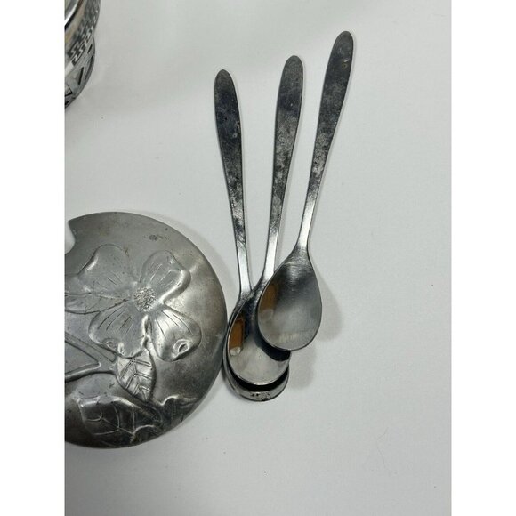 MCM Vtg Libbey Silver Appetizer Condiment Serving Caddy 3 Glass Bowls Lids Spoon - Picture 7 of 7